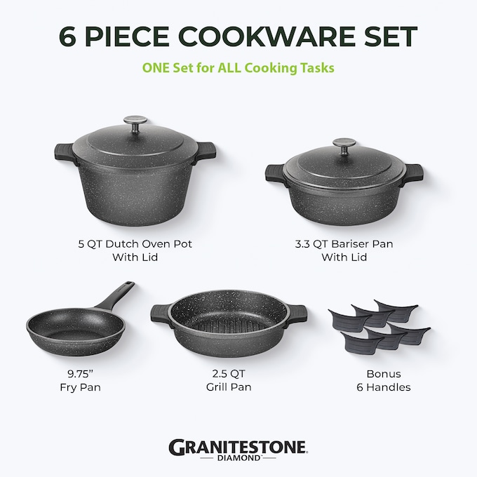 Granitestone 6-Piece Cast Aluminum Stackable Cookware Set, , large