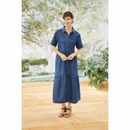 Short-Sleeve Denim Maxi Dress, , large