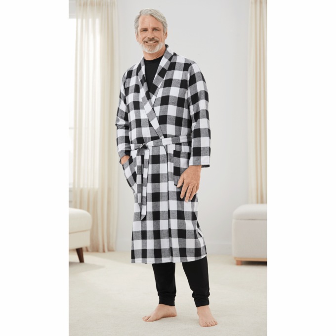 Men's Flannel Wrap Robe, Black, large