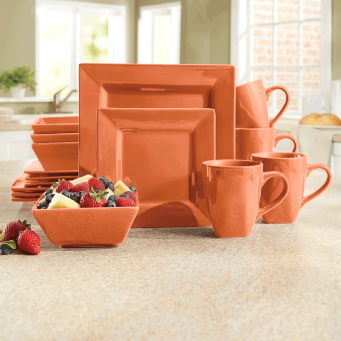 16-Piece Modern Square Dinnerware Set in Solid Colors, Sunset Orange, large
