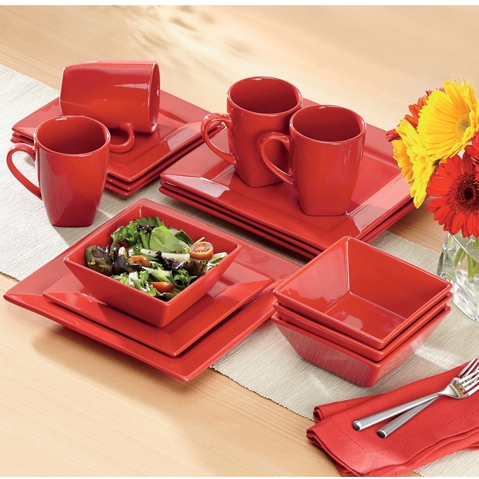 16-Piece Modern Square Dinnerware Set in Solid Colors, Red, large