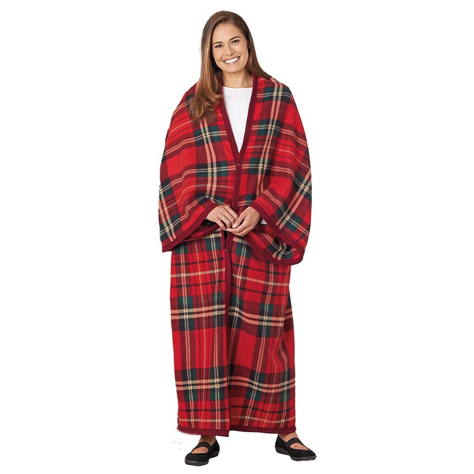 Polar Fleece Blanket Robe, Red Plaid, large
