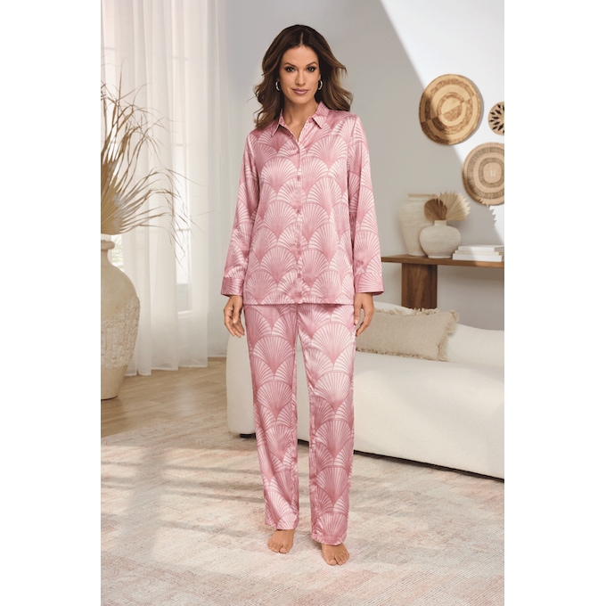 Brynn Satin PJ Set with Botton-Down Top and Relaxed-Fit Pant, , large