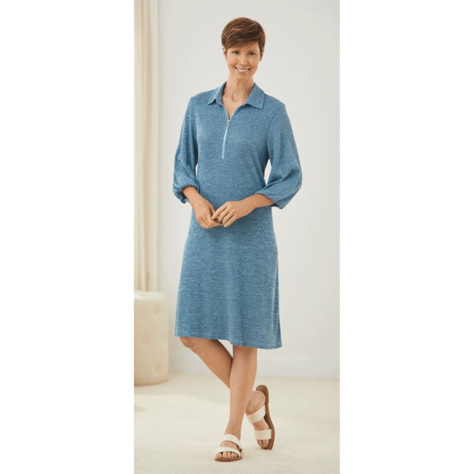 Collared Rib Knit Dress, Heather Blue, large
