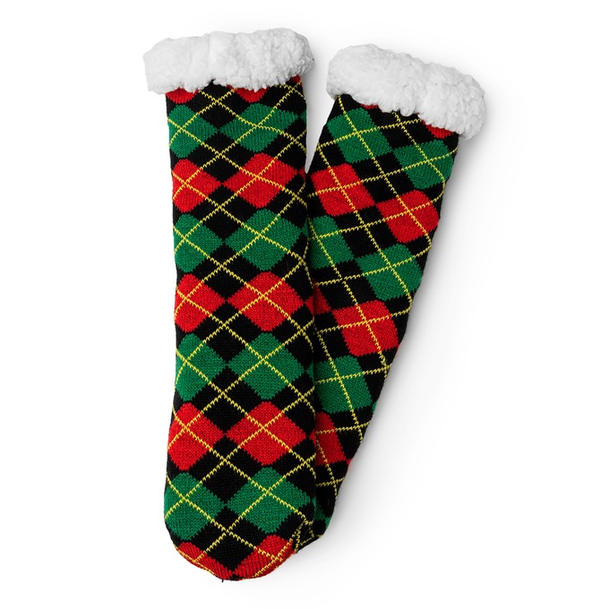 Two Left Feet Mistletoes Slipper Socks, Red Green Plaid, large
