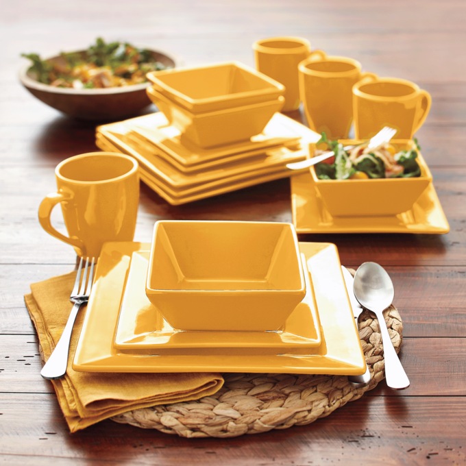 16-Piece Modern Square Dinnerware Set in Solid Colors, Golden Honey, large