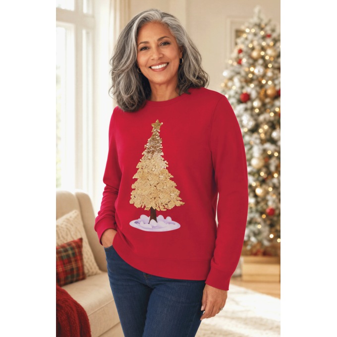 Flip Sequin Christmas Tree Crewneck Sweatshirt with Reversible Sequins, Red, large