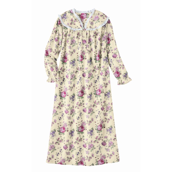 Flannel Nightgown with Lace Trim, Ivory Multi, large