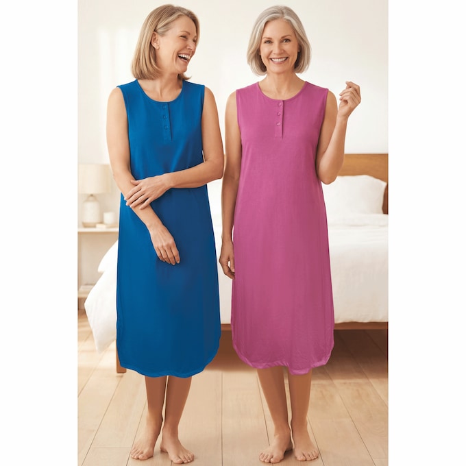 2-Pack Henley Sleeveless Nightshirt, , large