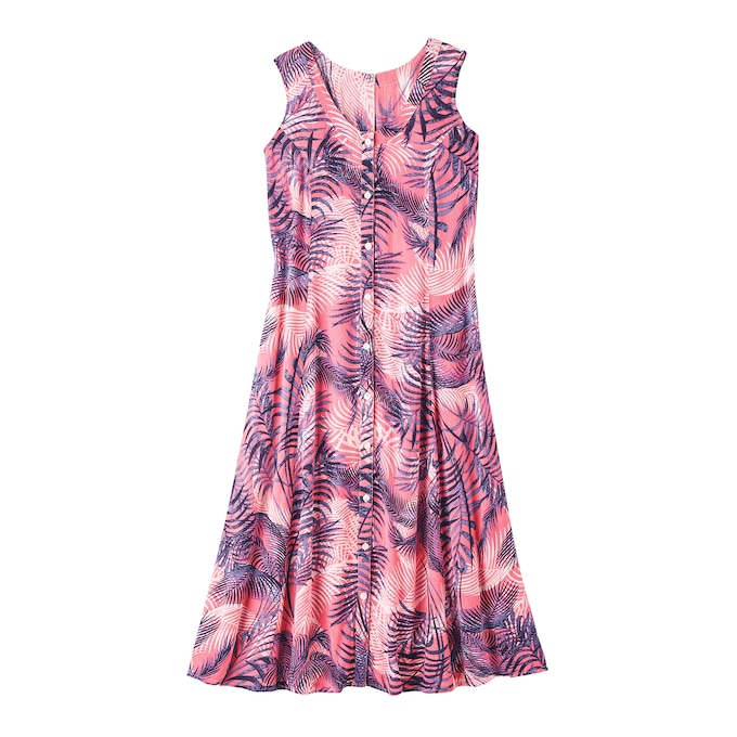 Sleeveless Button-Front Print Dress, Coral Tropics, large