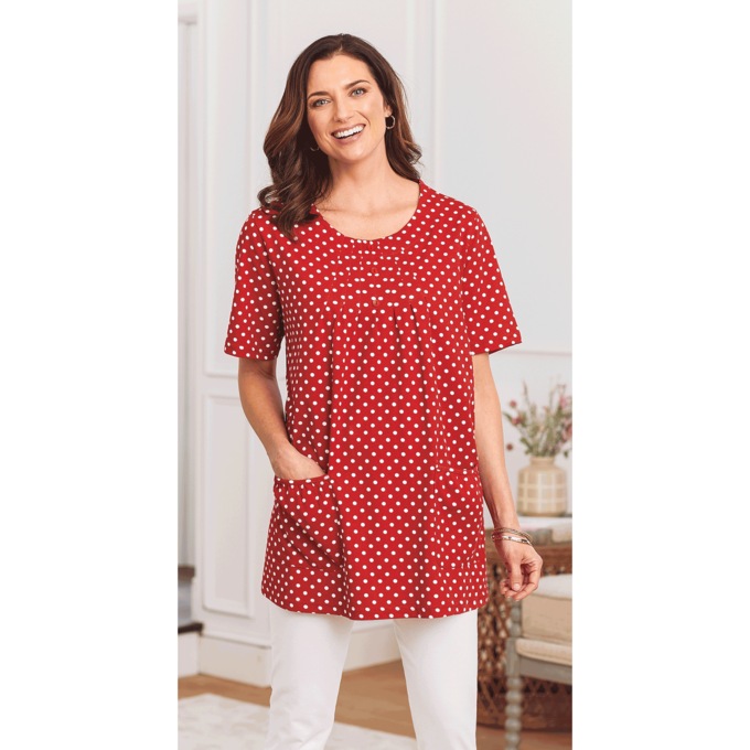 Knit Tunic with Patch Pockets, Red White Dot, large