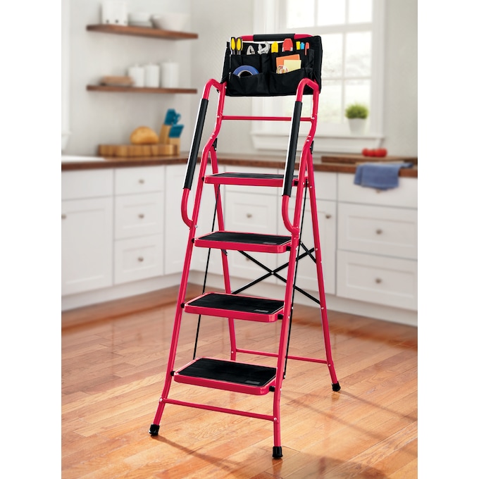 4-Step Safety Ladder with Tool Tote and Non-Slip Steps, Red, large