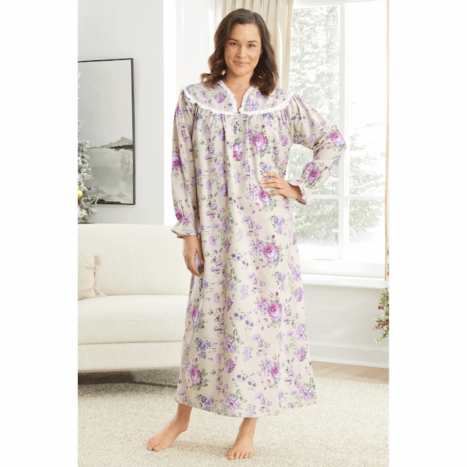 Flannel Nightgown with Lace Trim, , large
