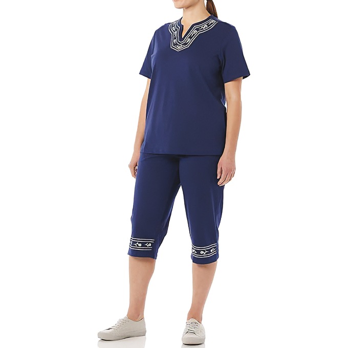 Embroidered Capri Set, Navy, large