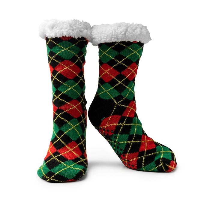 Two Left Feet Mistletoes Slipper Socks, Red Green Plaid, large
