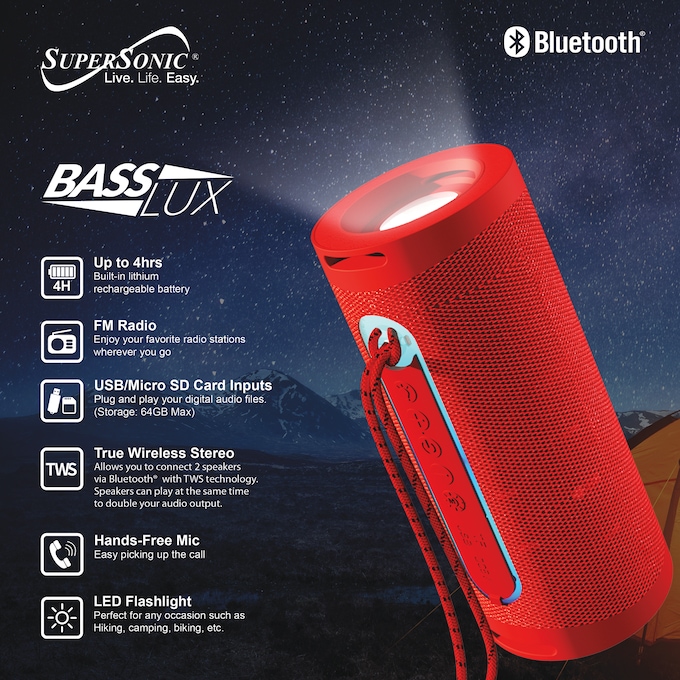 Supersonic Portable Speaker with Flashlight, Red, large