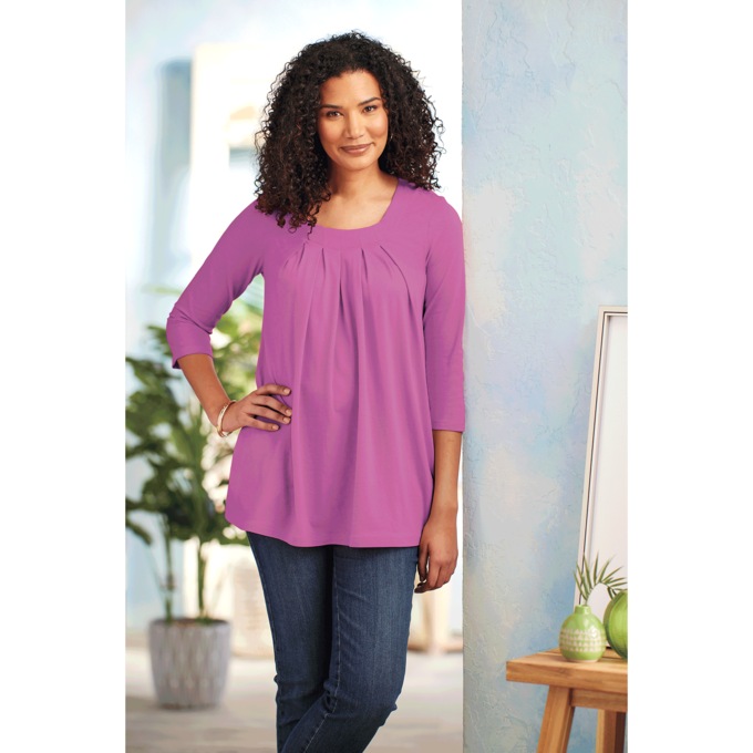 Pleated Neck Swing Tunic with Pockets, Rose Violet, large