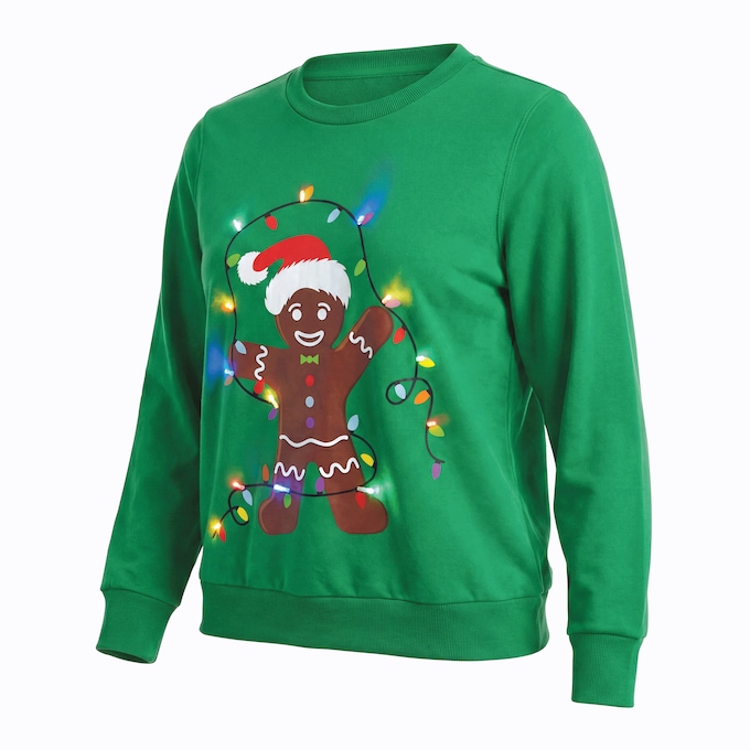 Light-Up Gingerbread Man Crewneck Sweatshirt with Holiday Lights, , large
