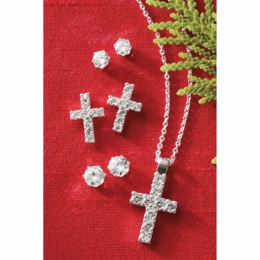 Cubic Zirconia Cross Pendant &amp; 3-Pair Earring Set, , large