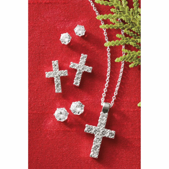 Cubic Zirconia Cross Pendant & 3-Pair Earring Set, Silvertone, large
