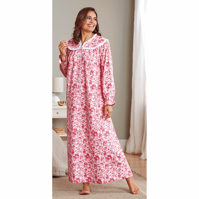 Flannel Nightgown with Lace Trim, , large