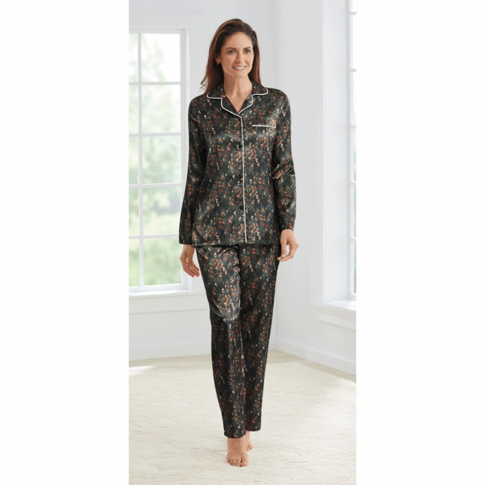 Satin Pajamas, Black Floral, large