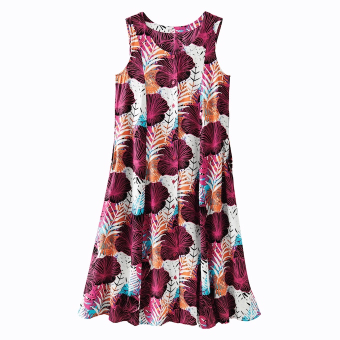 Sleeveless Button-Front Printed Dress, , large
