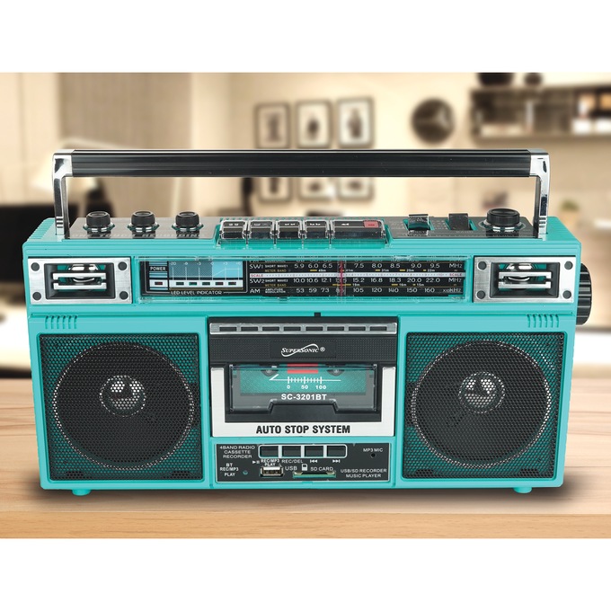 Supersonic 4-Band Radio and Cassette Player with Bluetooth, Teal, large