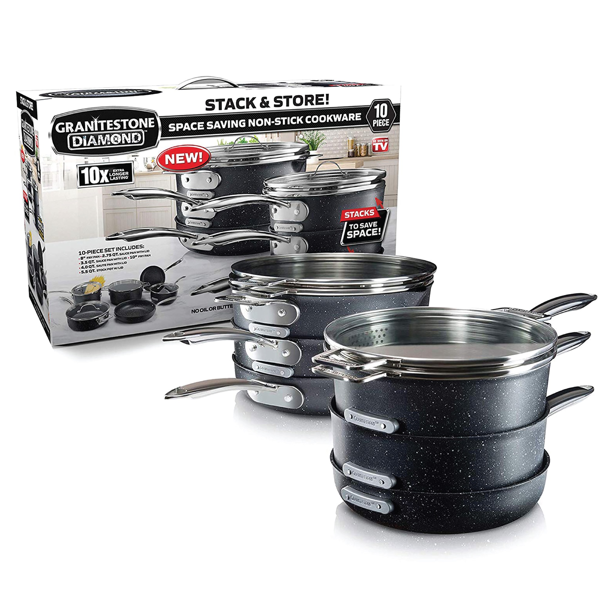 Granitestone Diamond Stackmaster 10-Piece Space-Saving Cookware Set, , large