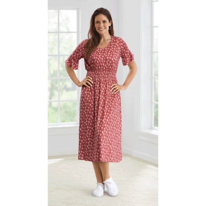 Patterned Smocked Waist Dress, , large