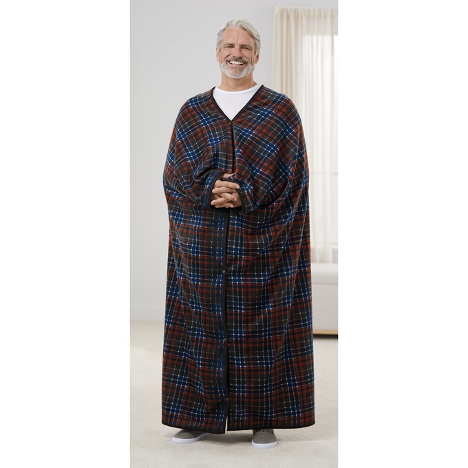 Polar Fleece Blanket Robe, Navy Plaid, large