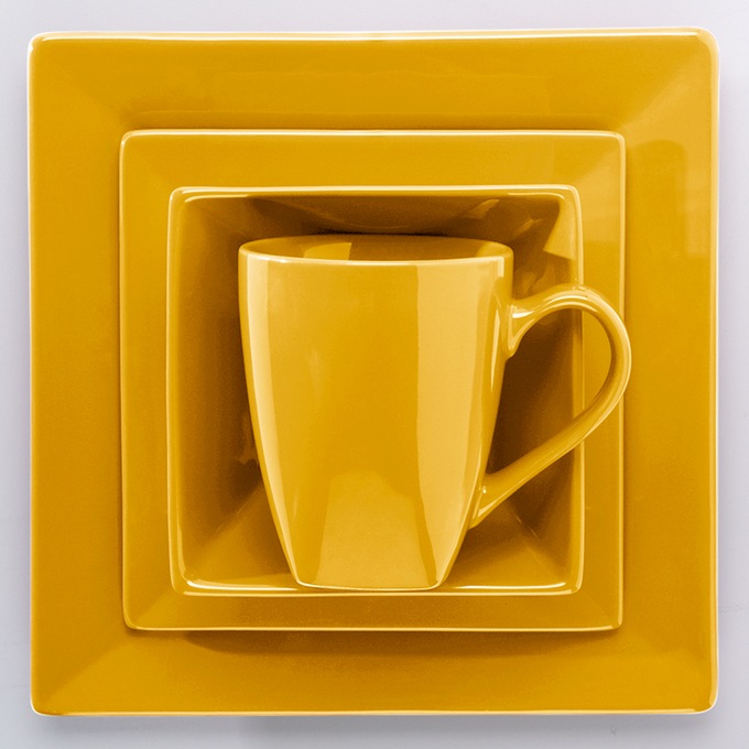 16-Piece Modern Square Dinnerware Set in Solid Colors, Golden Honey, large